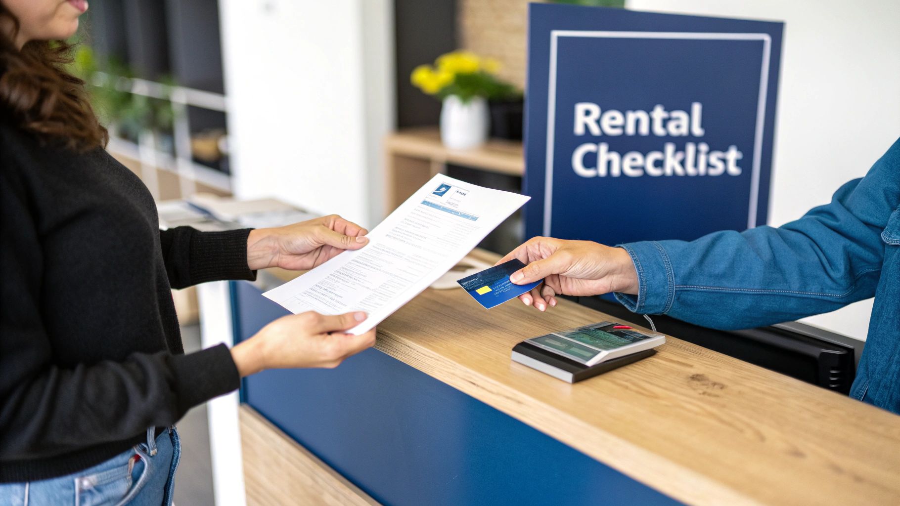 A person hands over rental documents while another offers a credit card at a counter.