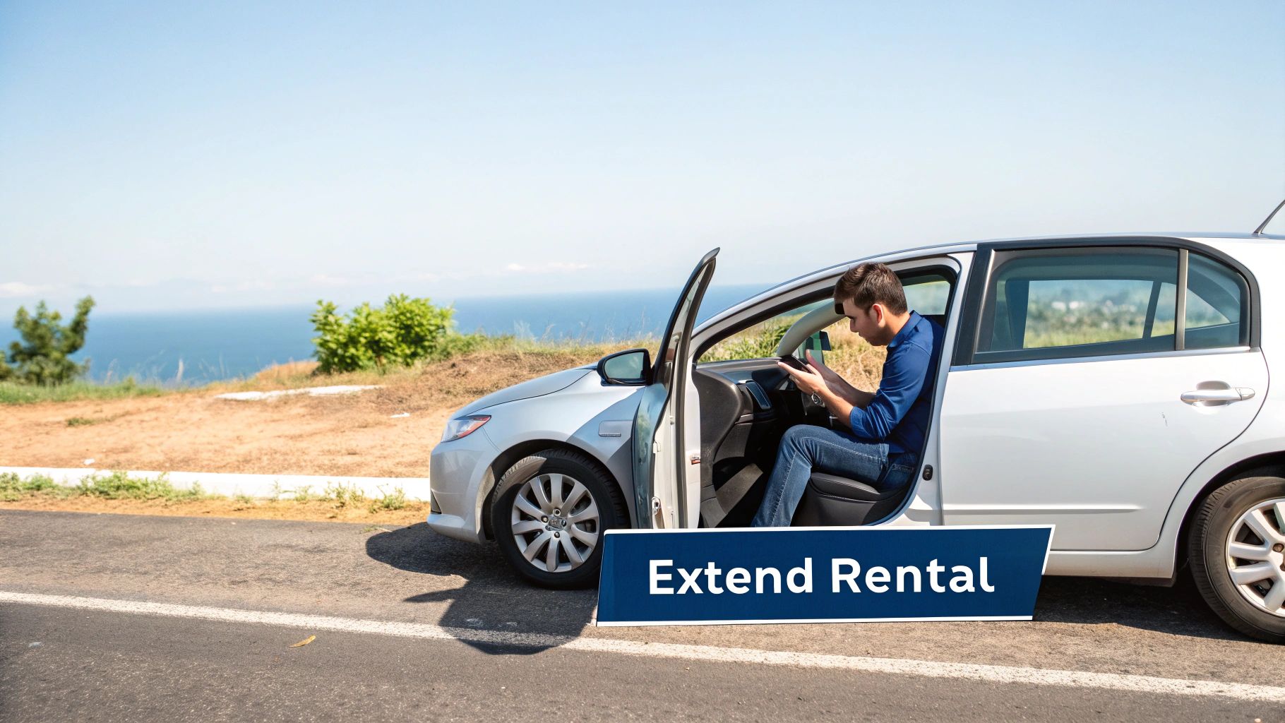 Man looking at his watch while sitting in a rental car, planning his trip extension.