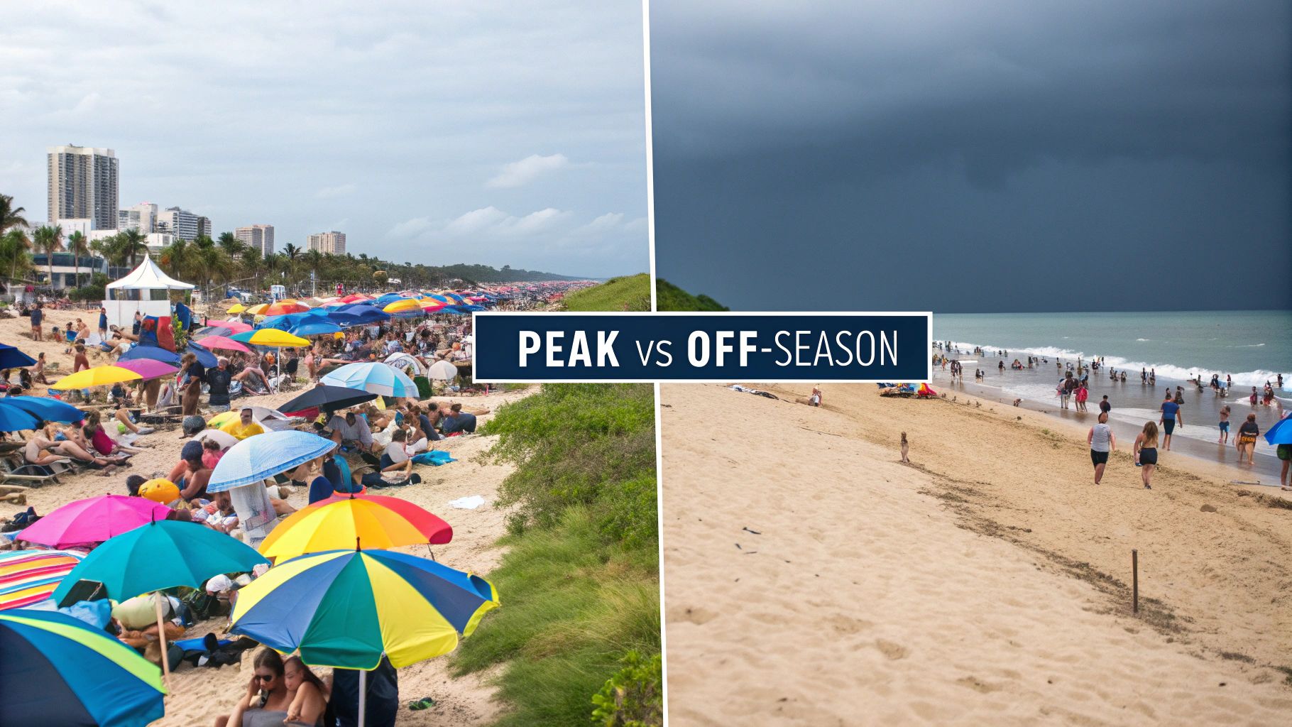 A comparative image of a vibrant, crowded beach during peak season and a quiet beach in off-season.