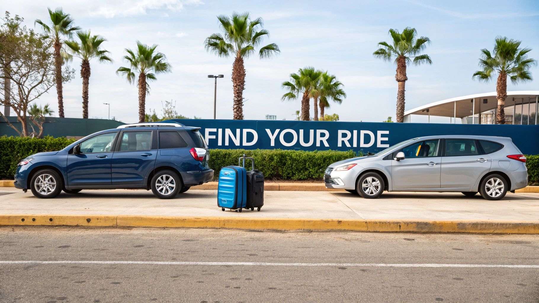 Two rental cars, a blue SUV and a silver sedan, with luggage between them and a 'Find Your Ride' sign.