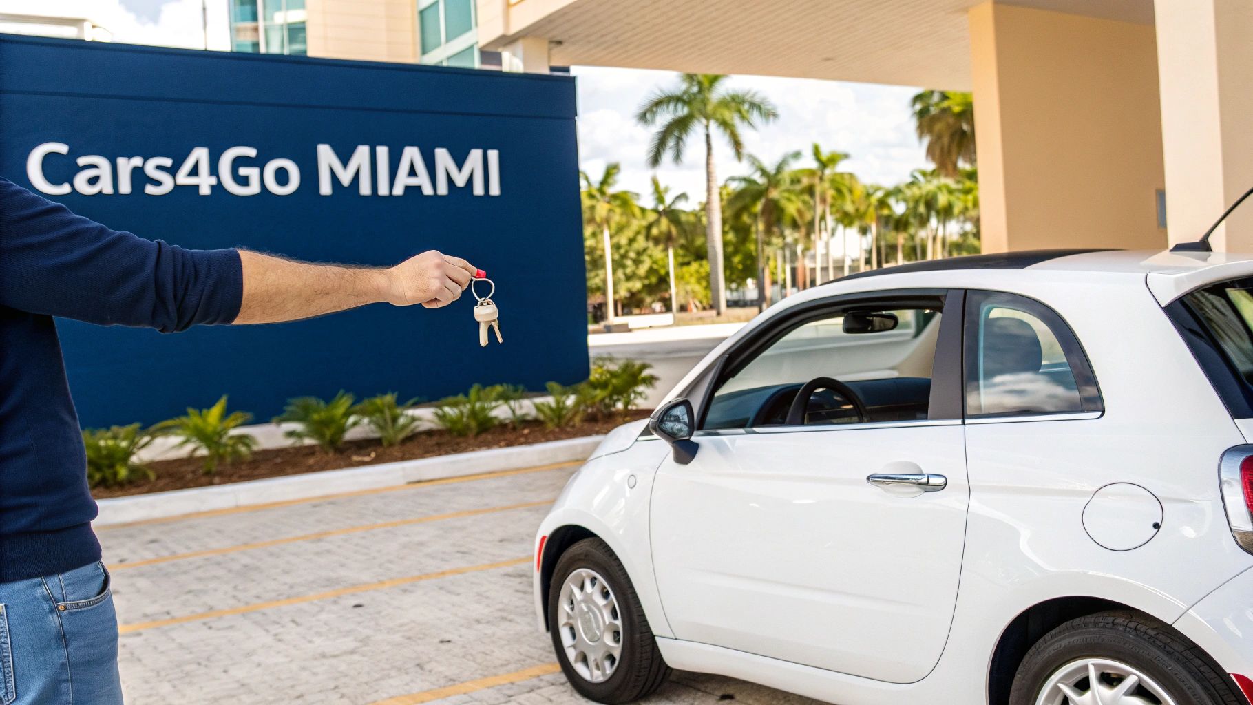 A person's hand holds car keys near a white compact car parked at a Cars4Go Miami location.