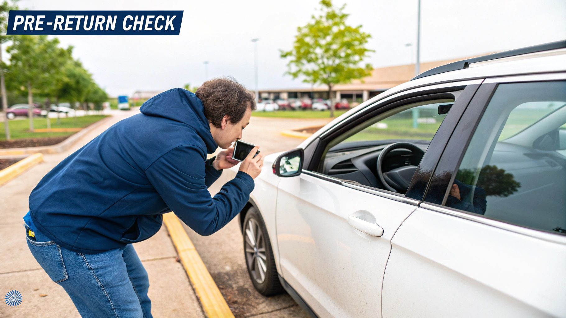 A person checking the fuel gauge and mileage in a rental car before returning it.