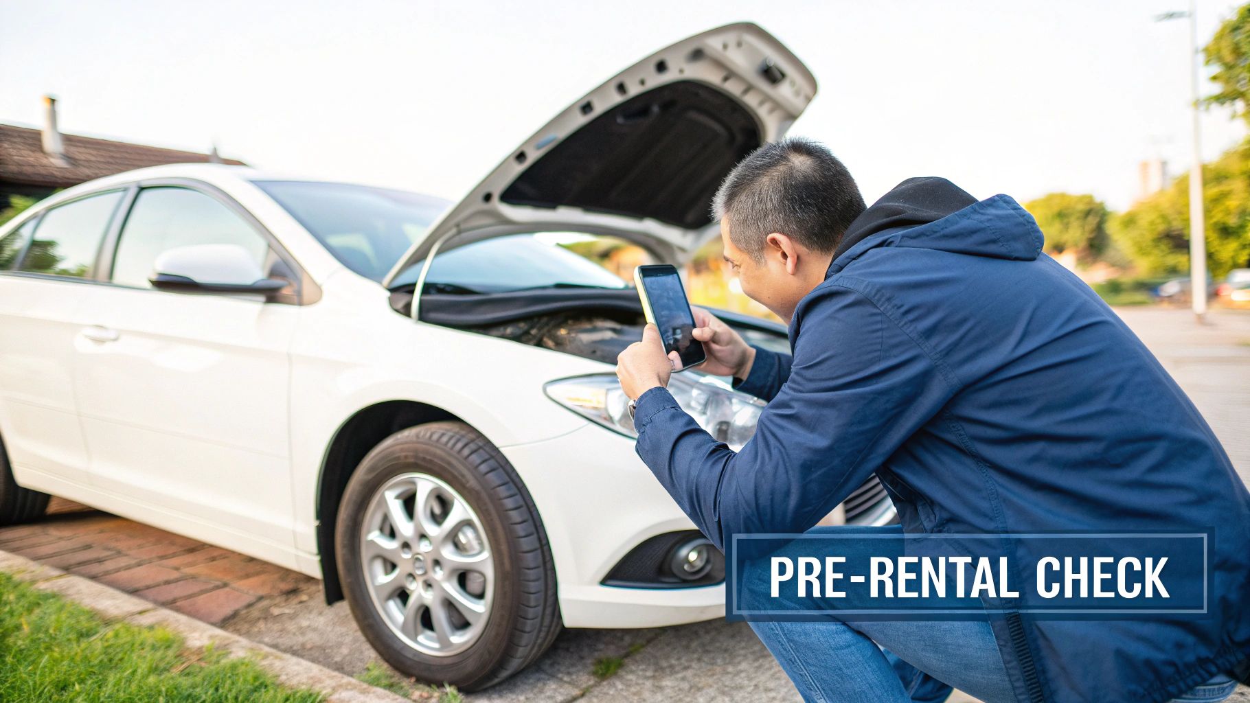 Man inspecting a white car with the hood open, taking photos with his smartphone for a pre-rental check.