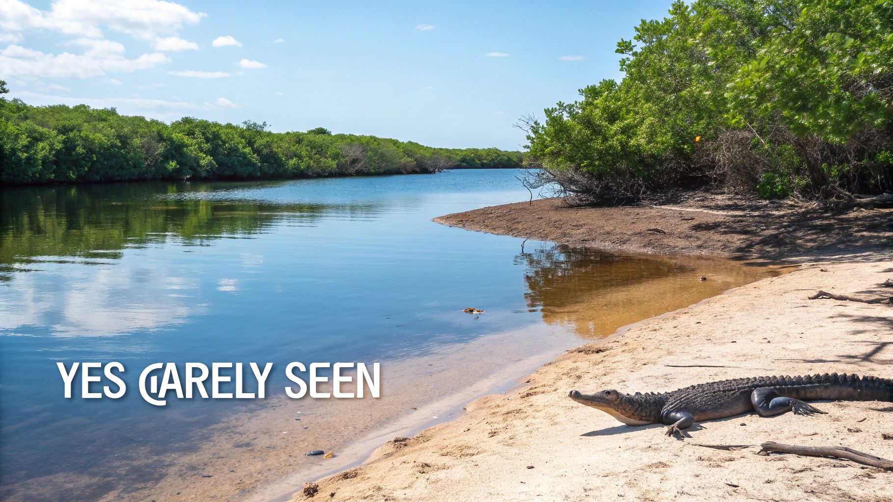 An alligator rests on a sunny sandy bank next to a calm river bordered by green mangroves.