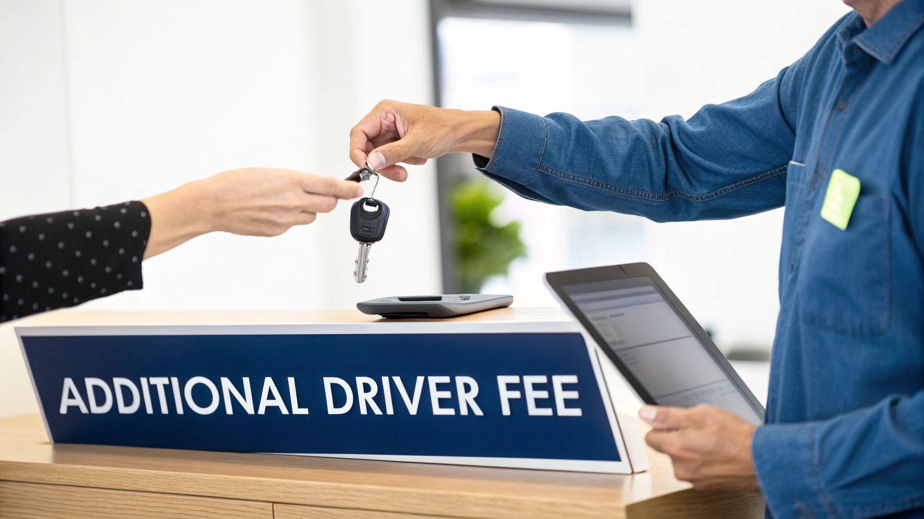 Two people at a car rental counter, one handing car keys, with an 'ADDITIONAL DRIVER FEE' sign.