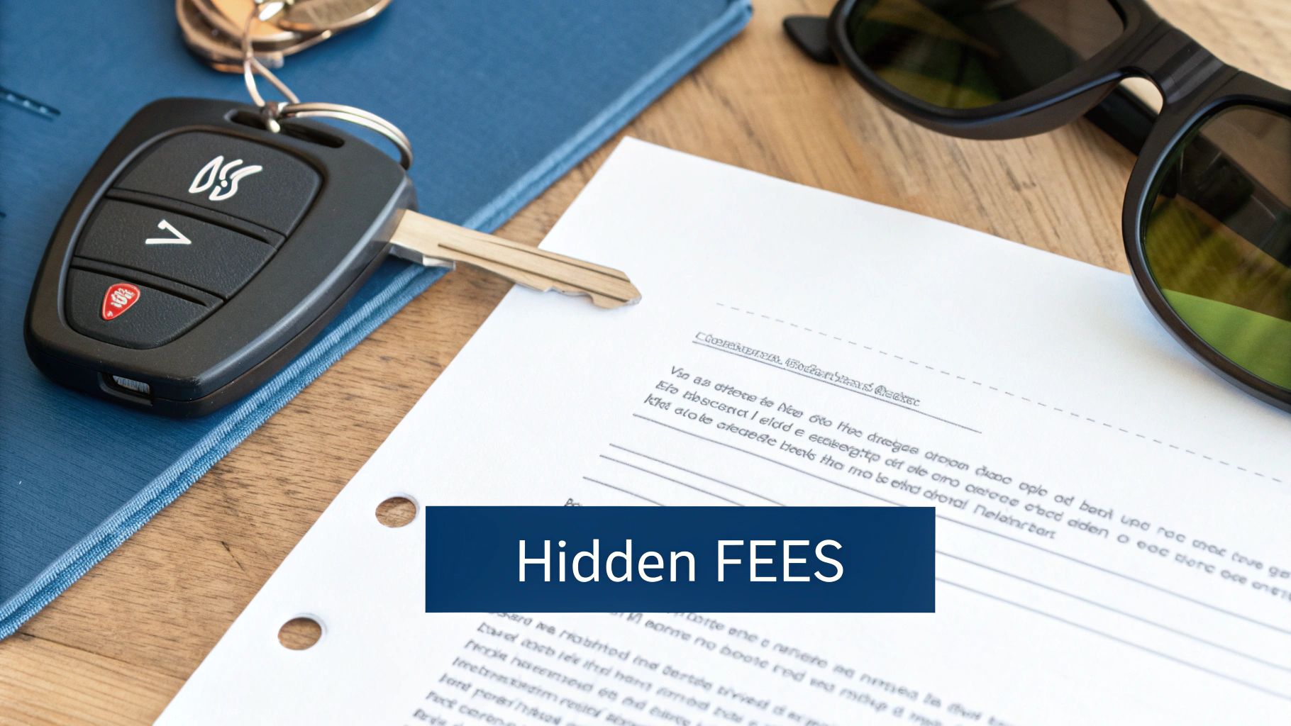 Car key, sunglasses, and a document on a wooden table, highlighting 'Hidden FEES'.