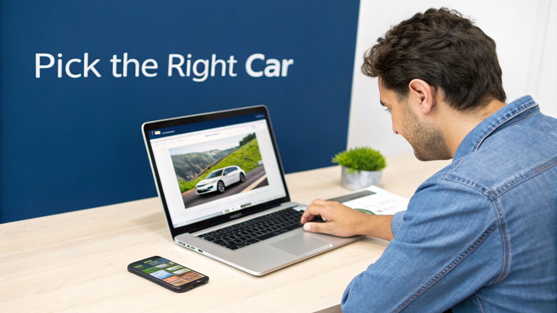 A man in a denim shirt looks at a laptop displaying a white car on a road, with a smartphone on the desk and "Pick the Right Car" on a blue wall.