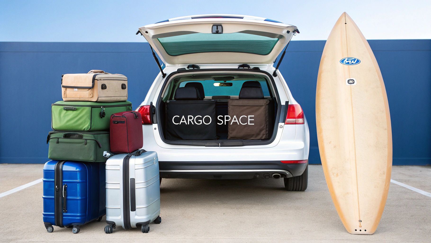 White hatchback car with open trunk showing cargo space, luggage, and a surfboard for travel.