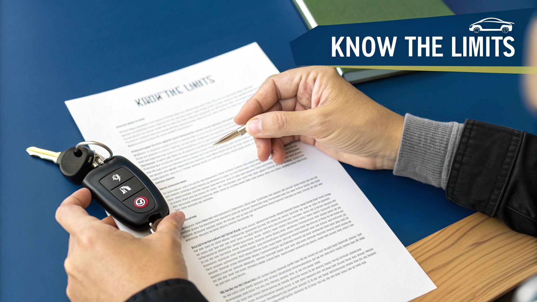 Hands holding a car key and pen, reviewing a car rental or purchase agreement document.