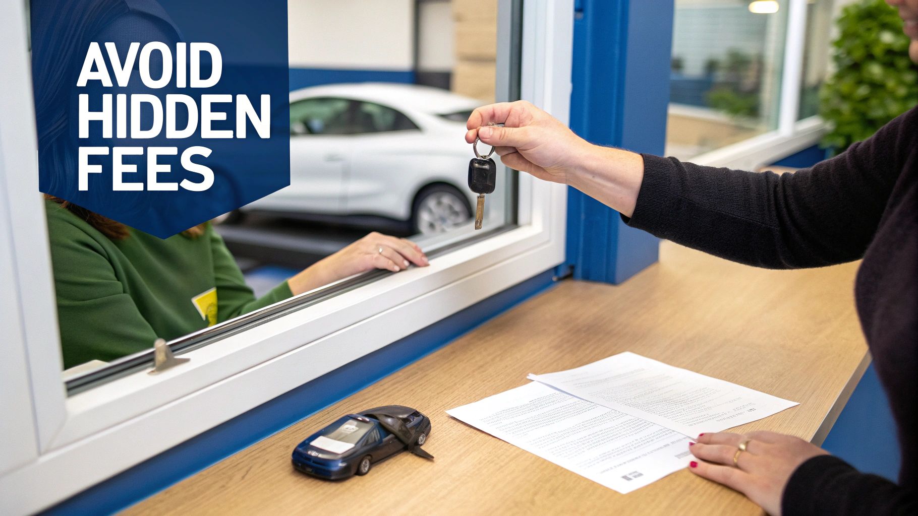 A person hands car keys to another across a service counter, with 'AVOID HIDDEN FEES' overlay.