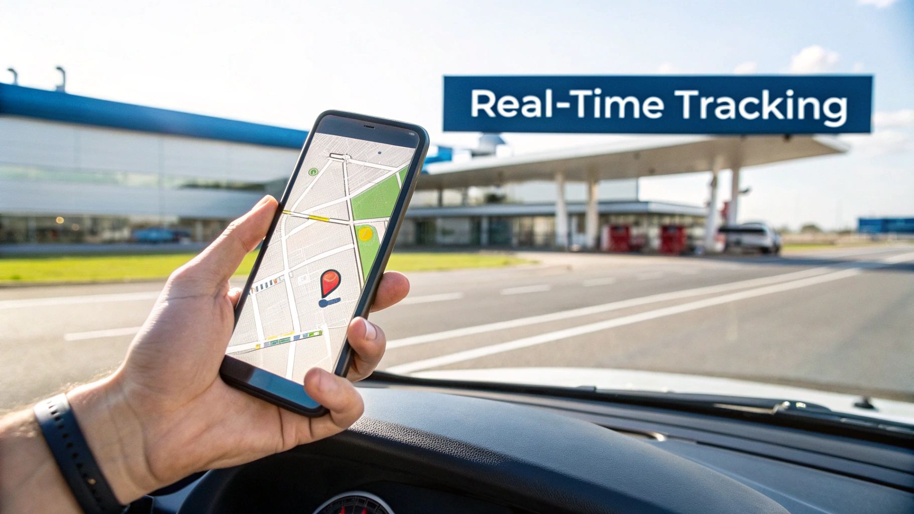 Hand holding a smartphone displaying a real-time GPS map with a location pin, inside a car.