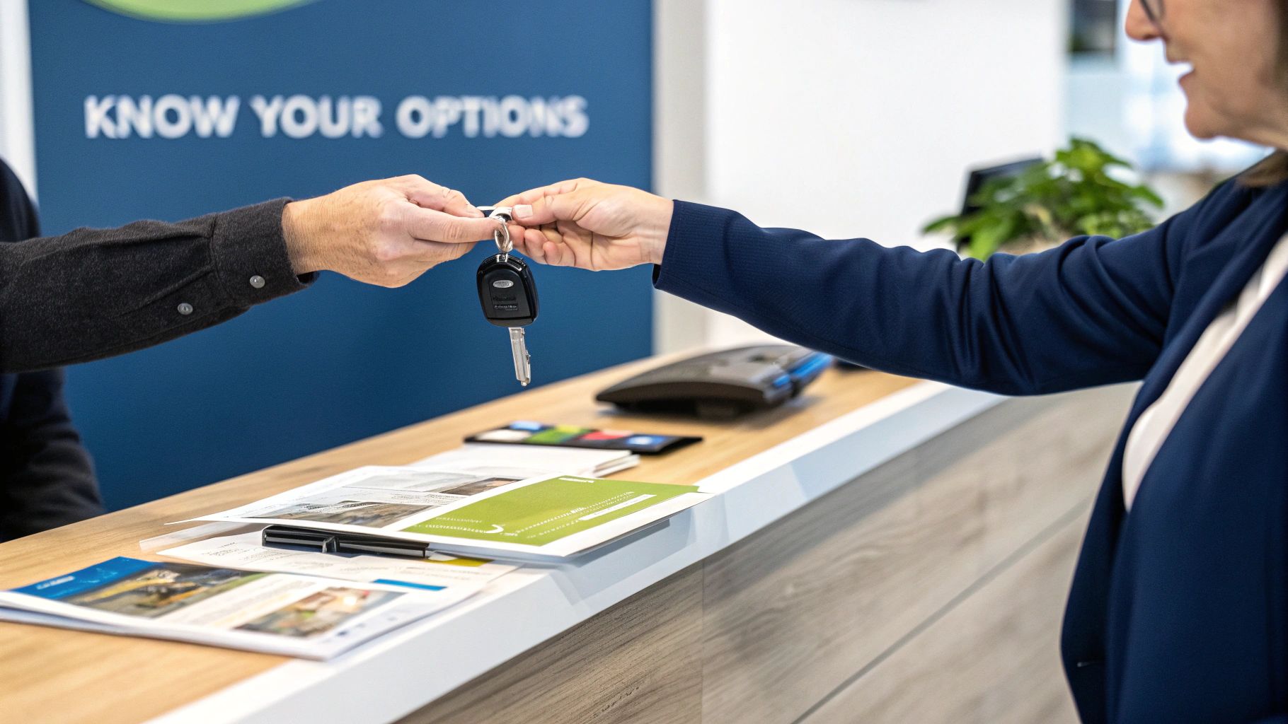 Two people exchange car keys across a counter in a modern office or rental facility.