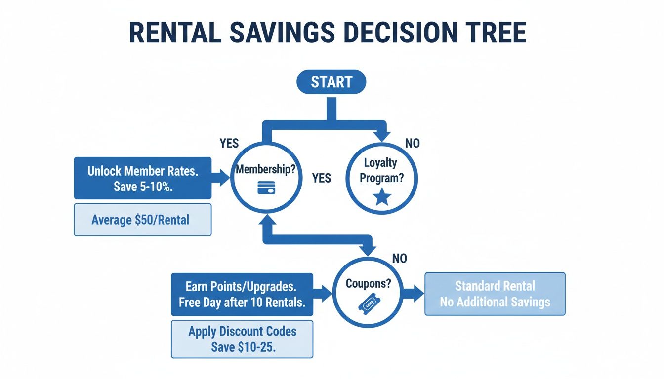 A rental savings decision tree flowchart showing options for discounts through membership, loyalty programs, and coupons.