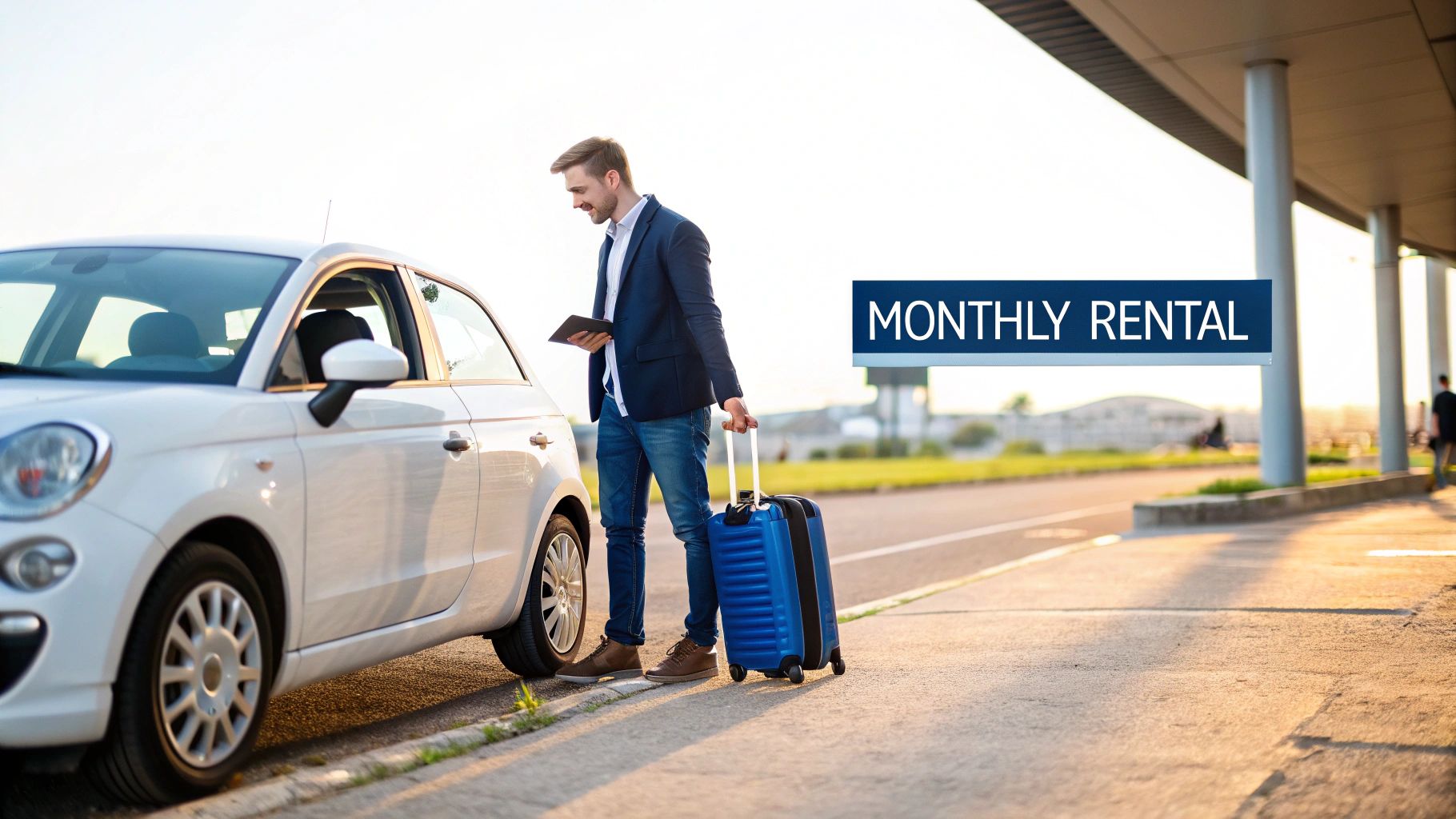 Man holding a tablet and blue suitcase next to a white car with a 'MONTHLY RENTAL' sign.