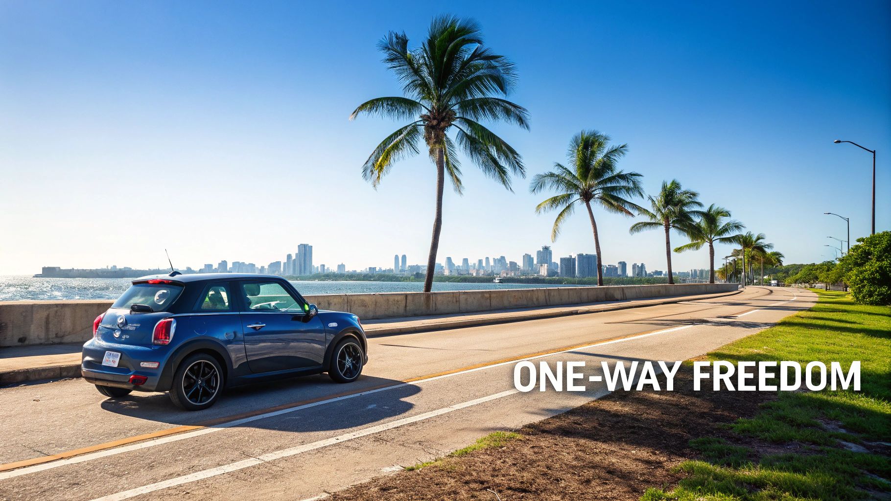 A blue Mini Cooper is parked on a scenic coastal road with palm trees and a city skyline.