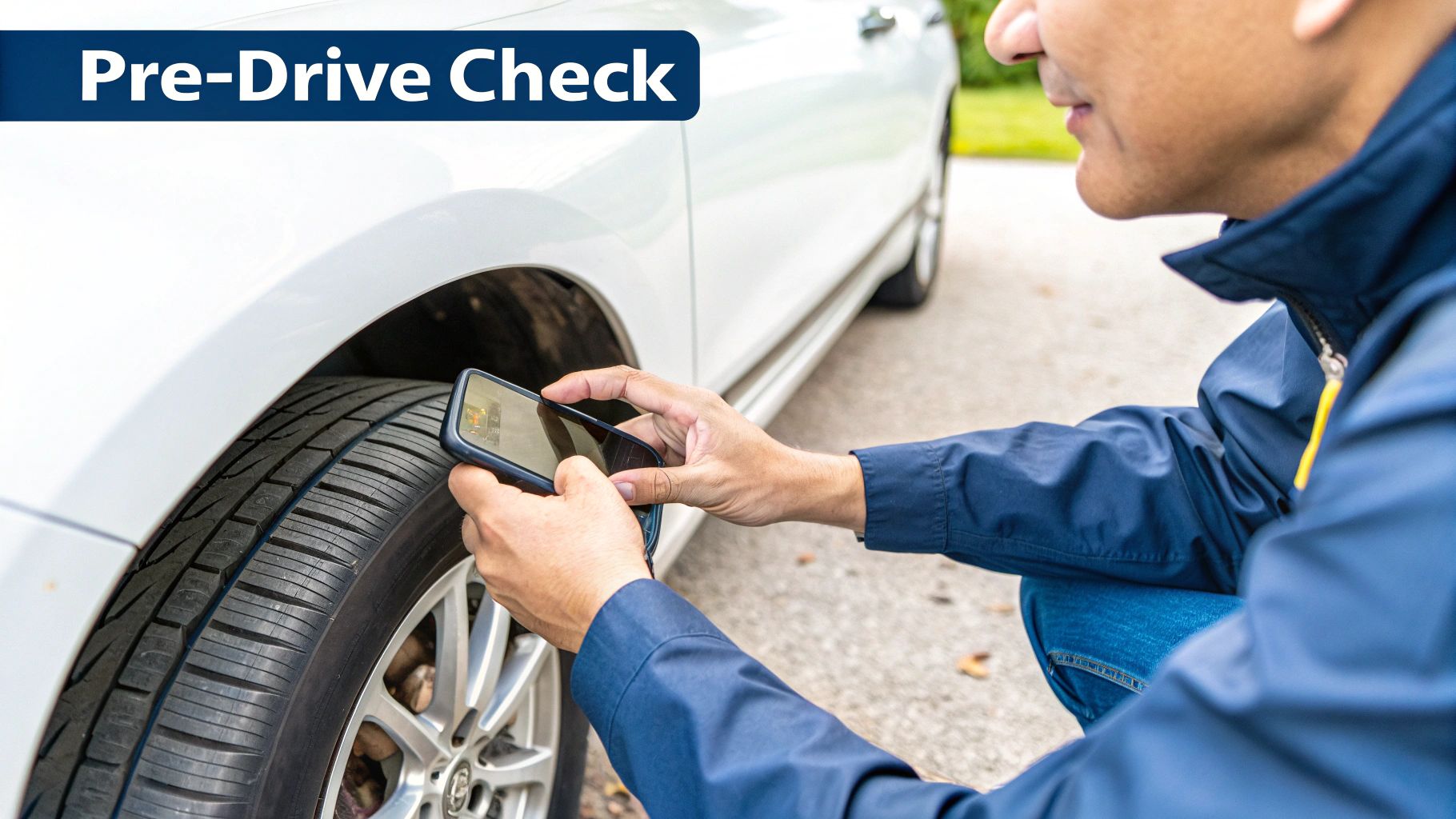 A person in a blue jacket kneels, using a smartphone to inspect a white car's tire during a pre-drive check.