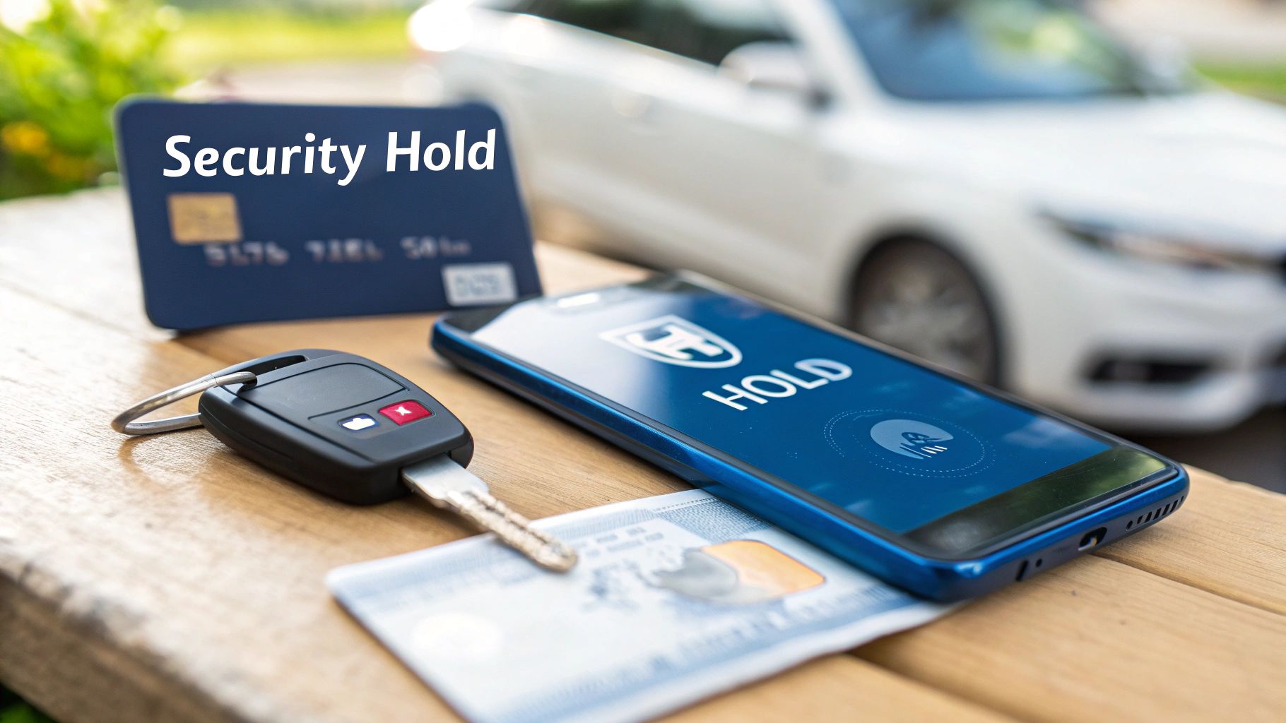 Smartphone displaying security hold message with car key, credit card and white vehicle in background