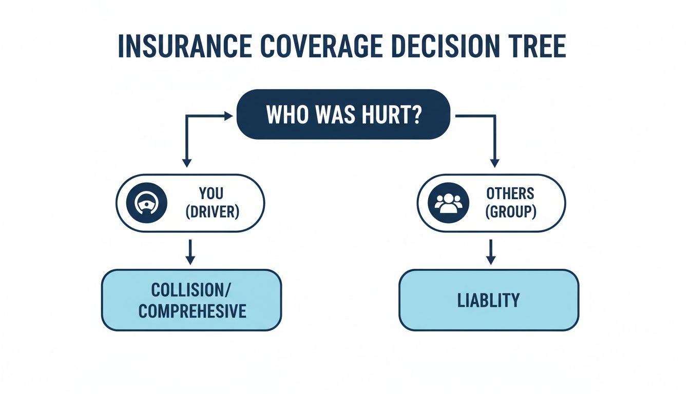 Decision tree illustrating car insurance coverage, guiding users to collision/comprehensive or liability based on who was hurt.