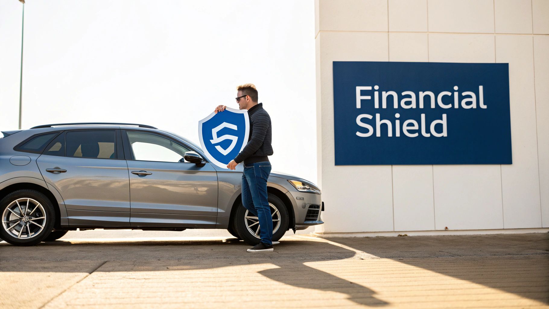 Man holding a blue shield next to a gray SUV, with a 'Financial Shield' sign on a building.