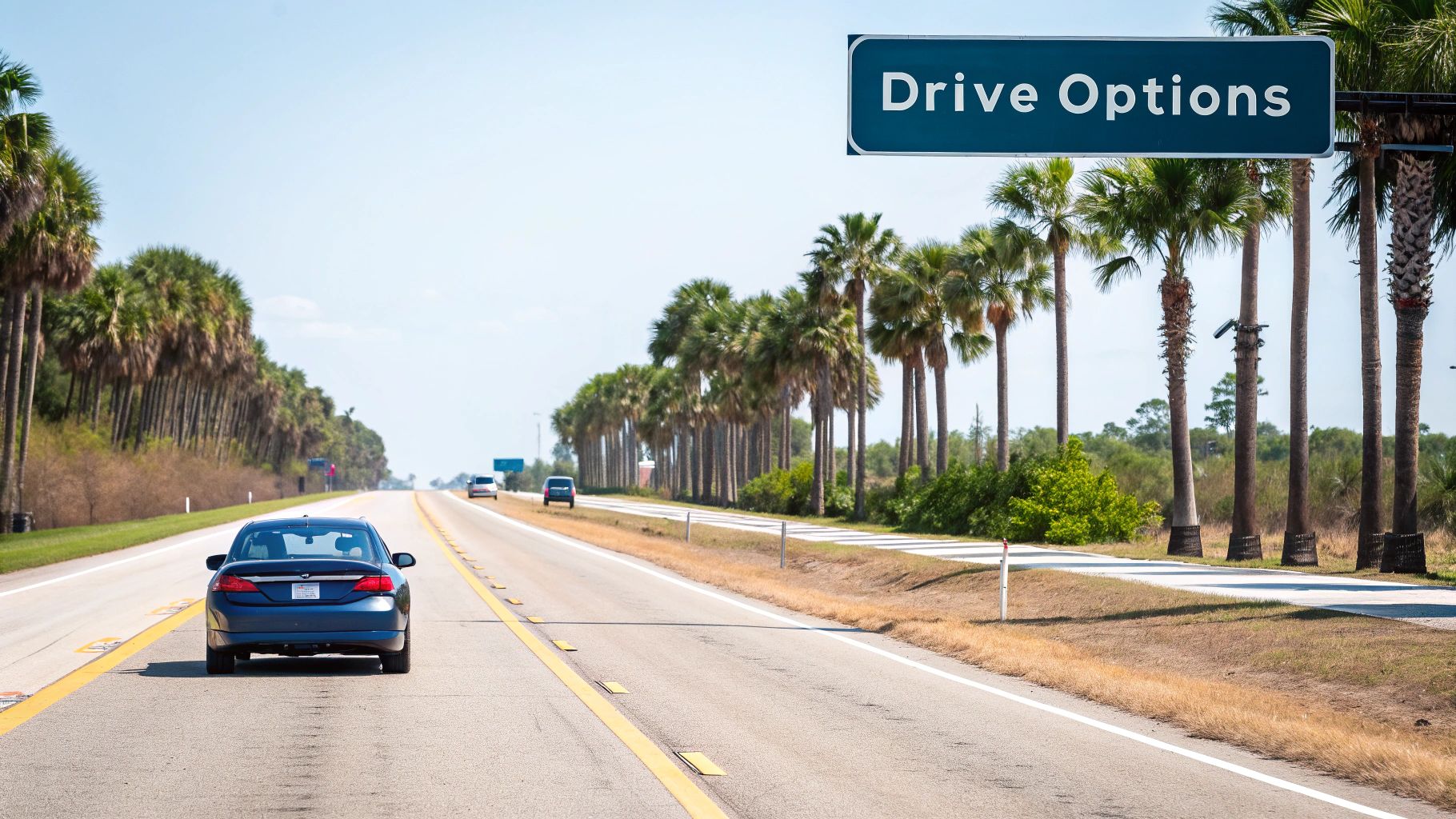 A blue car drives down a sunny highway lined with palm trees under a 'Drive Options' sign.