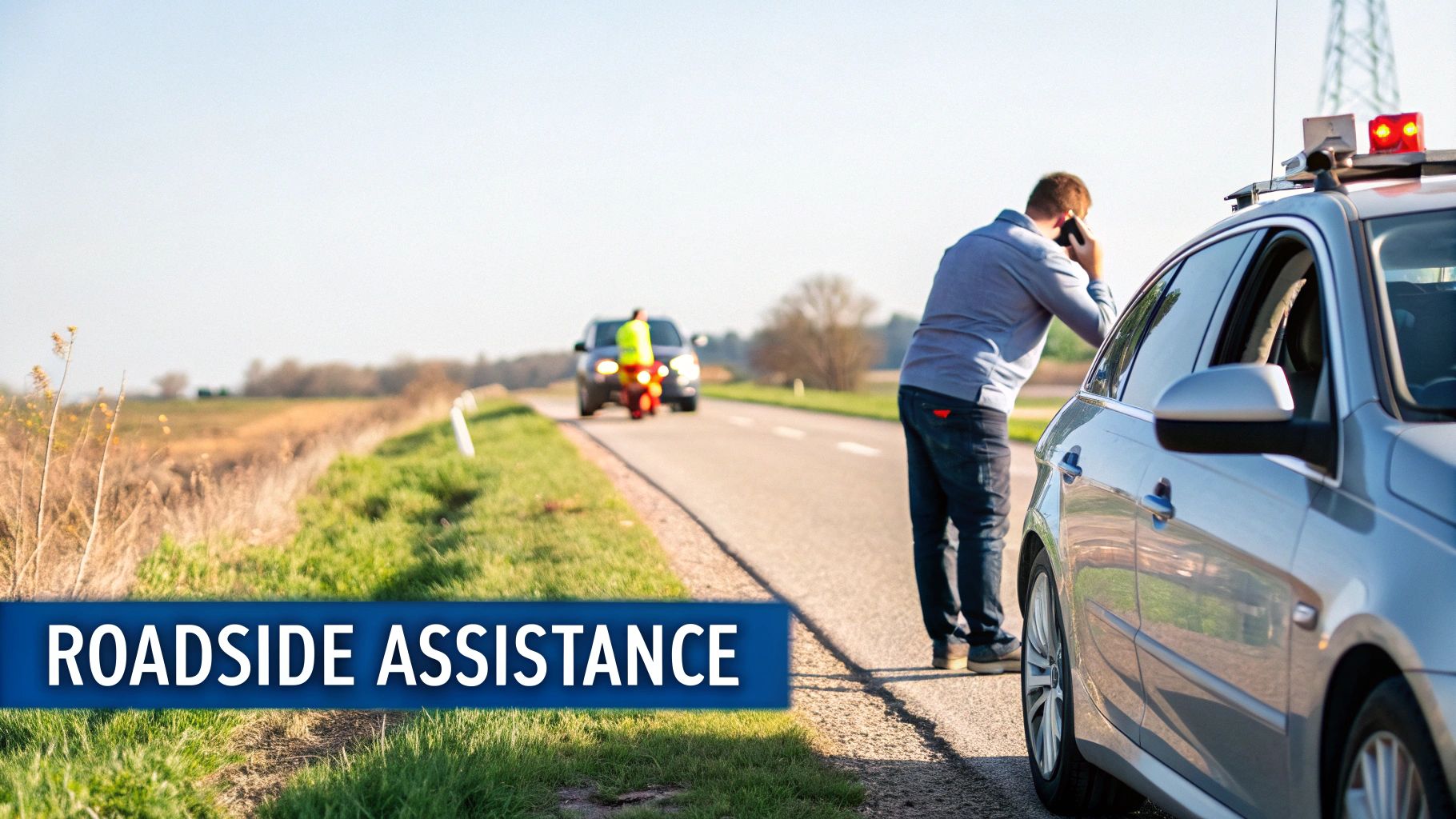 A man calls for help on the roadside next to his broken-down car with flashing emergency lights.