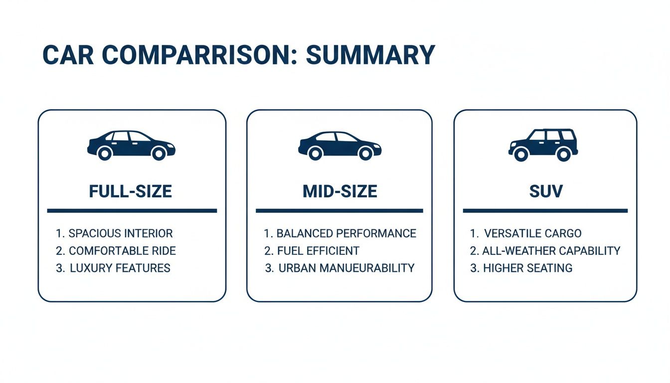 Summary of car types: full-size, mid-size, and SUV, detailing their key features and benefits.