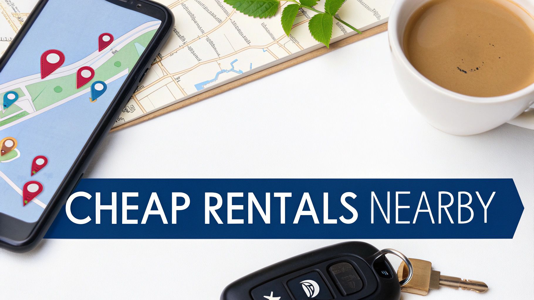 Overhead view of a smartphone showing a map, car keys, coffee, and a 'Cheap Rentals Nearby' banner.