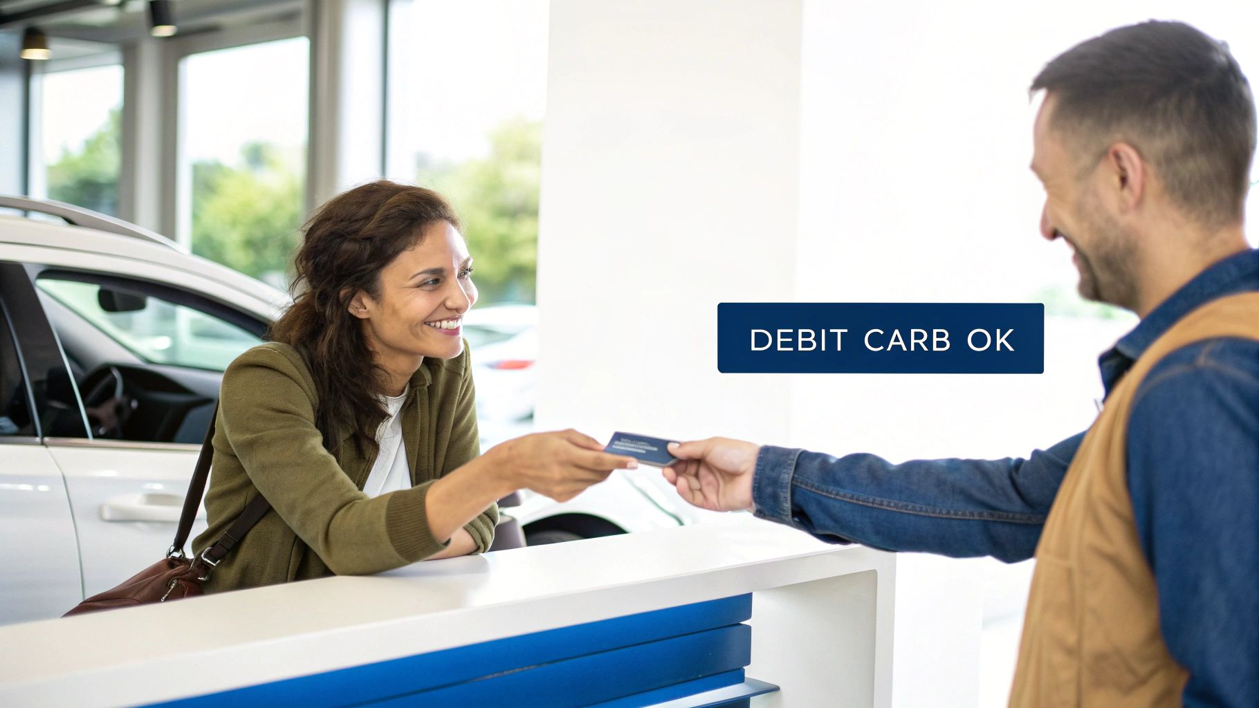 A person holding a debit card in front of a rental car, ready for their trip.