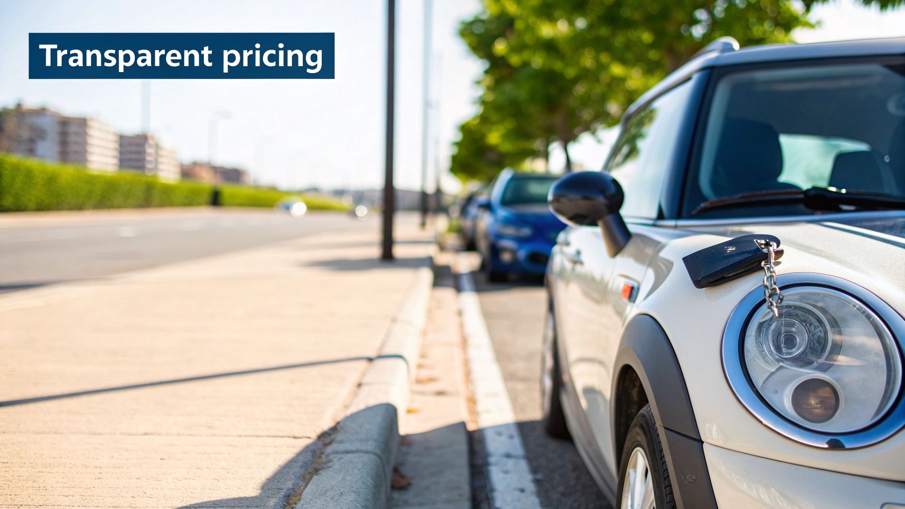 White Mini Cooper parked on a street with keys on its headlight, displaying 'Transparent pricing'.