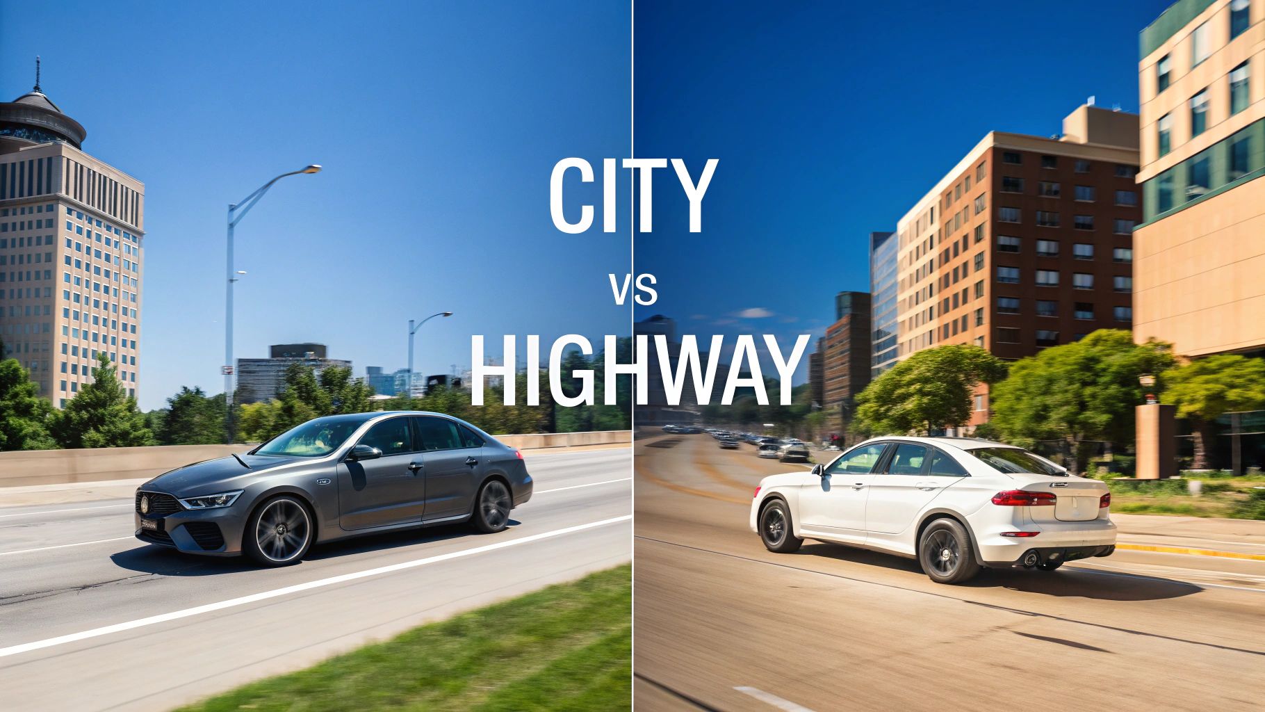 Split image comparing a grey sedan driving in the city versus a white sedan on the highway.