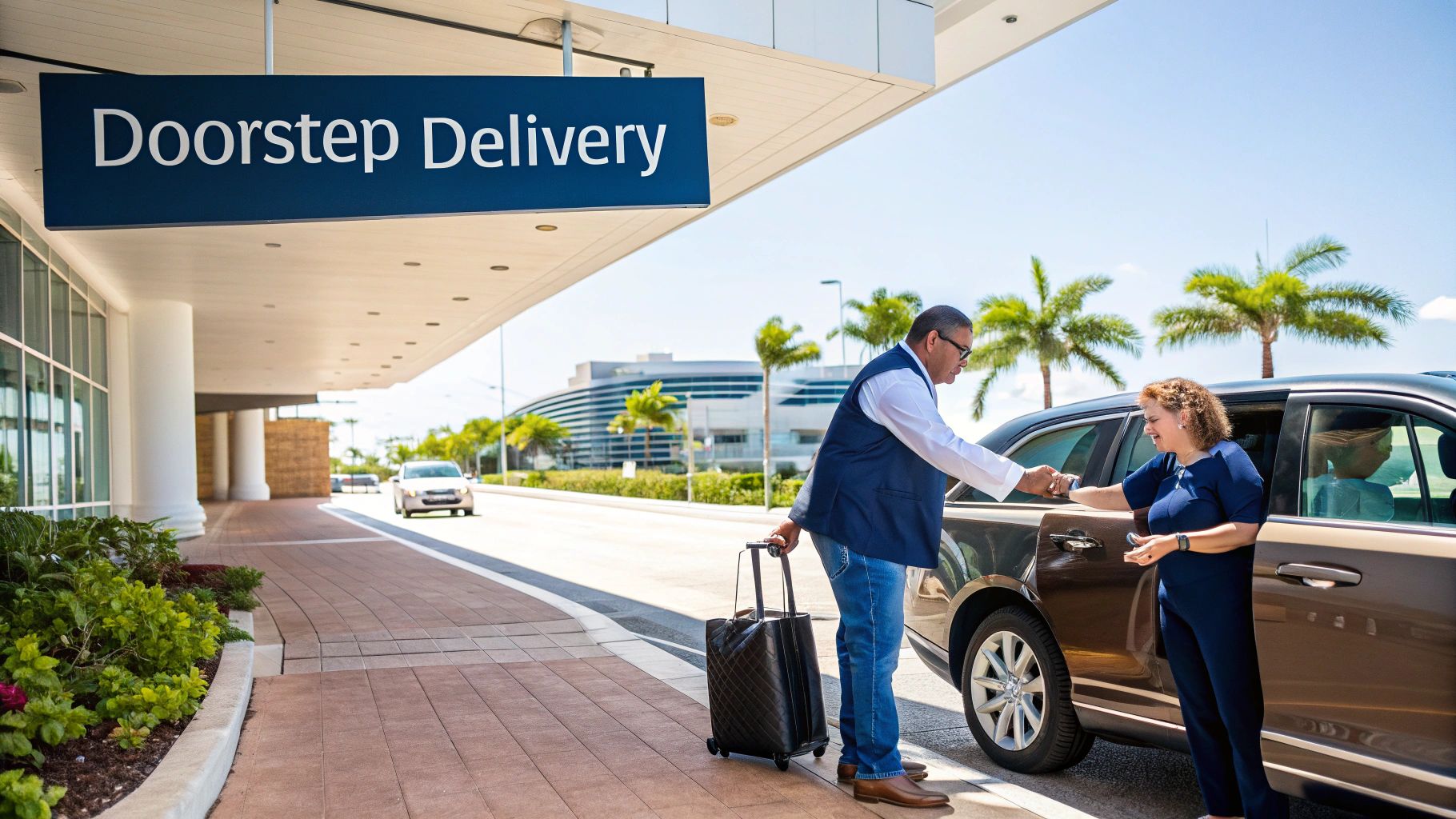 Hotel employee greeting guest at doorstep delivery area with luggage and luxury vehicle