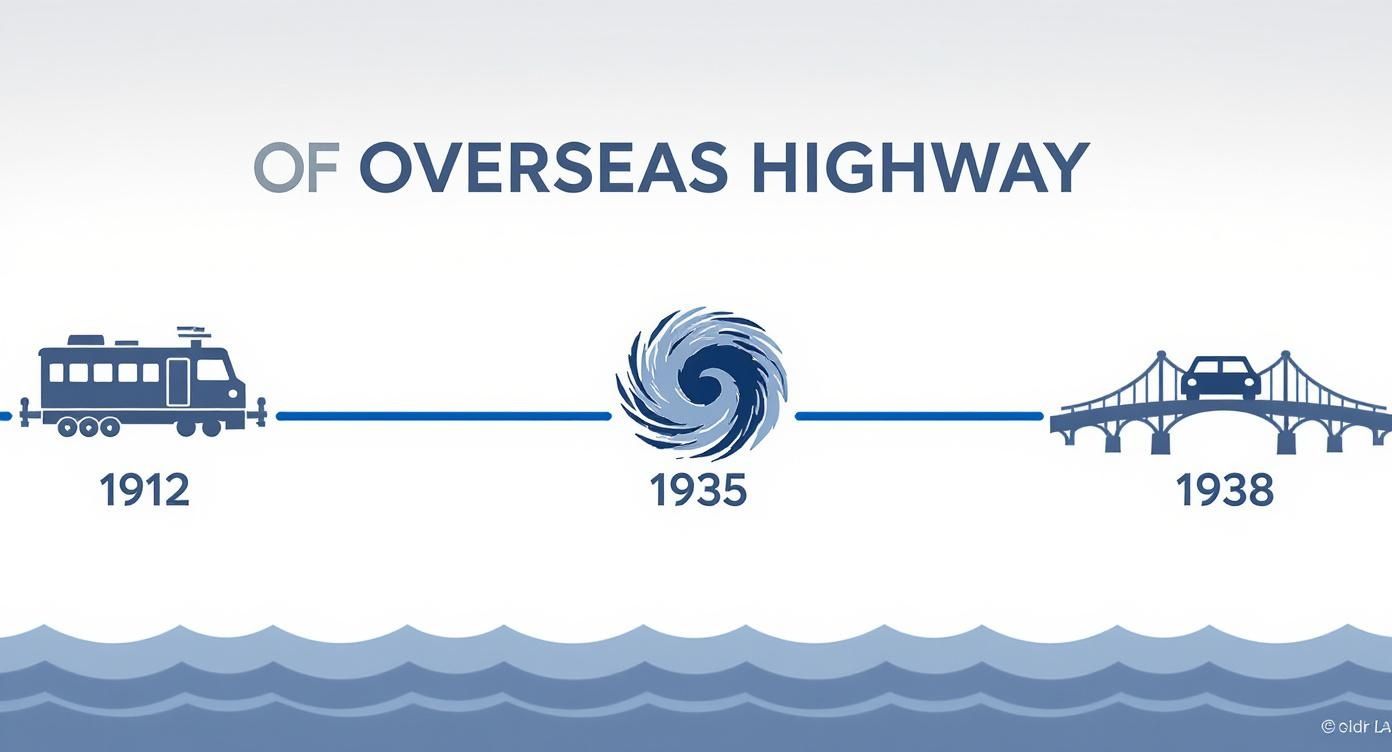 Timeline showing the history of Overseas Highway: train (1912), hurricane (1935), car on bridge (1938).