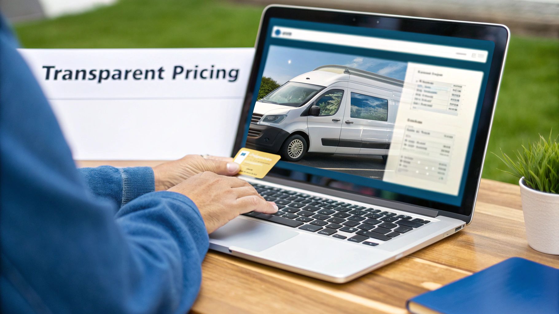 A person uses a laptop to rent a white van online, with transparent pricing.