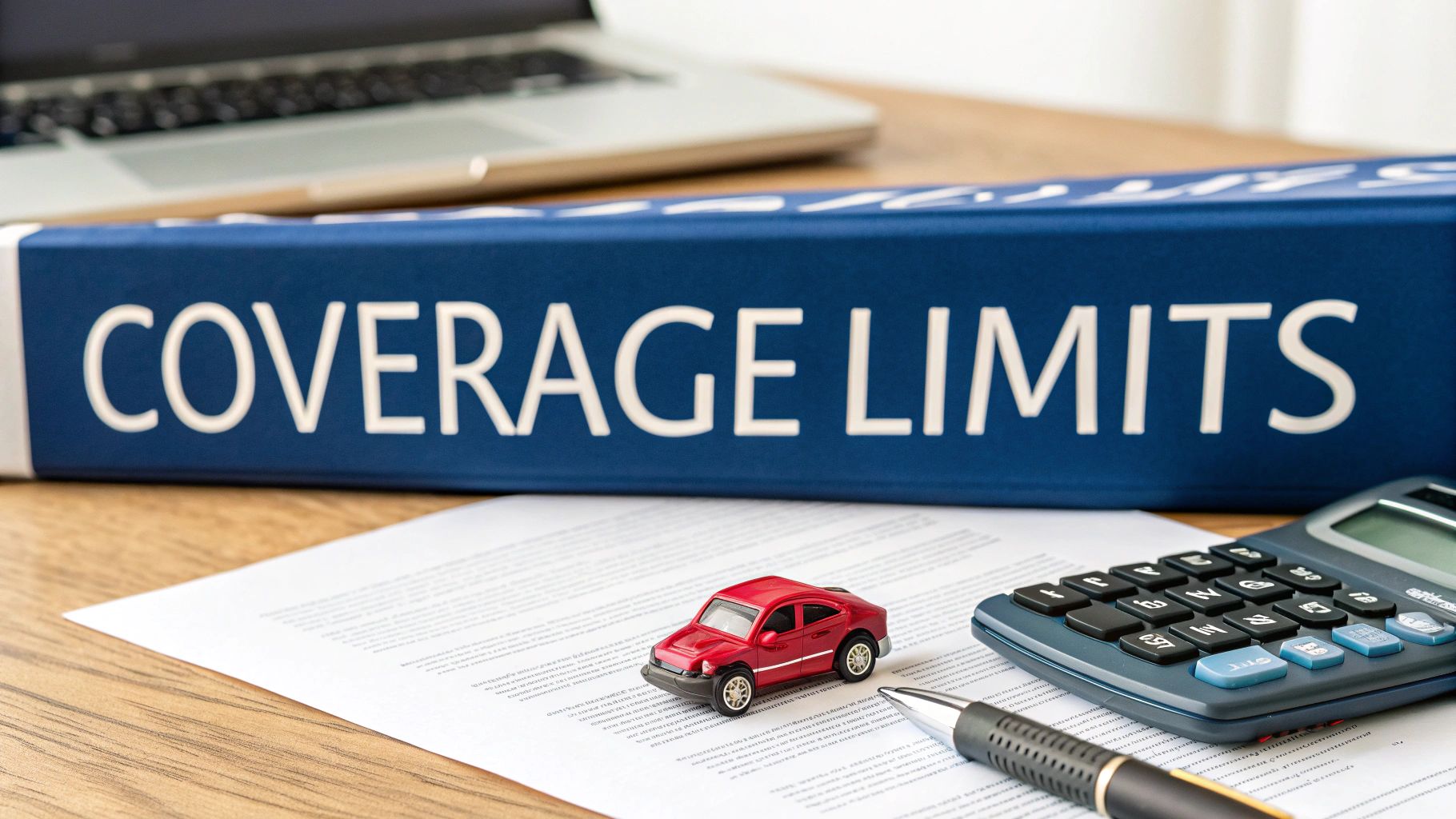 A blue binder titled 'COVERAGE LIMITS' with a toy car, calculator, and document, symbolizing car insurance policies.
