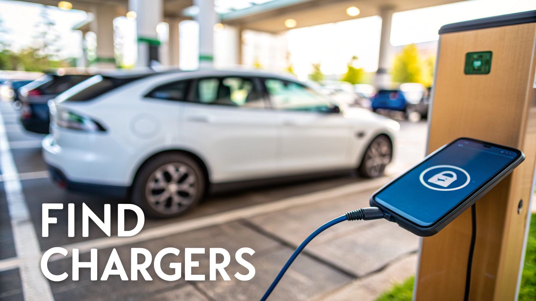 An electric car plugged into a charging station in a modern, sunny location.