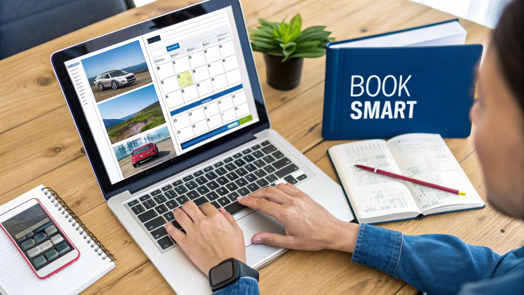 Person booking car rentals on a laptop, showing calendar, cars, and 'BOOK SMART' binder.