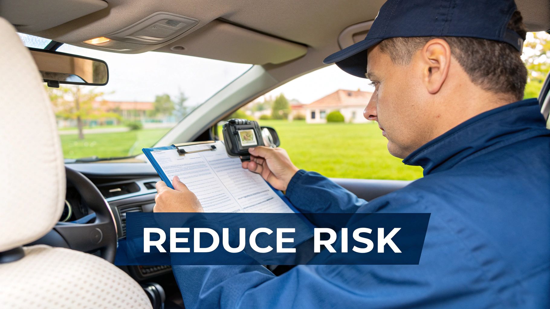 Man in blue uniform reviewing documents on a clipboard inside a car, holding a small device.
