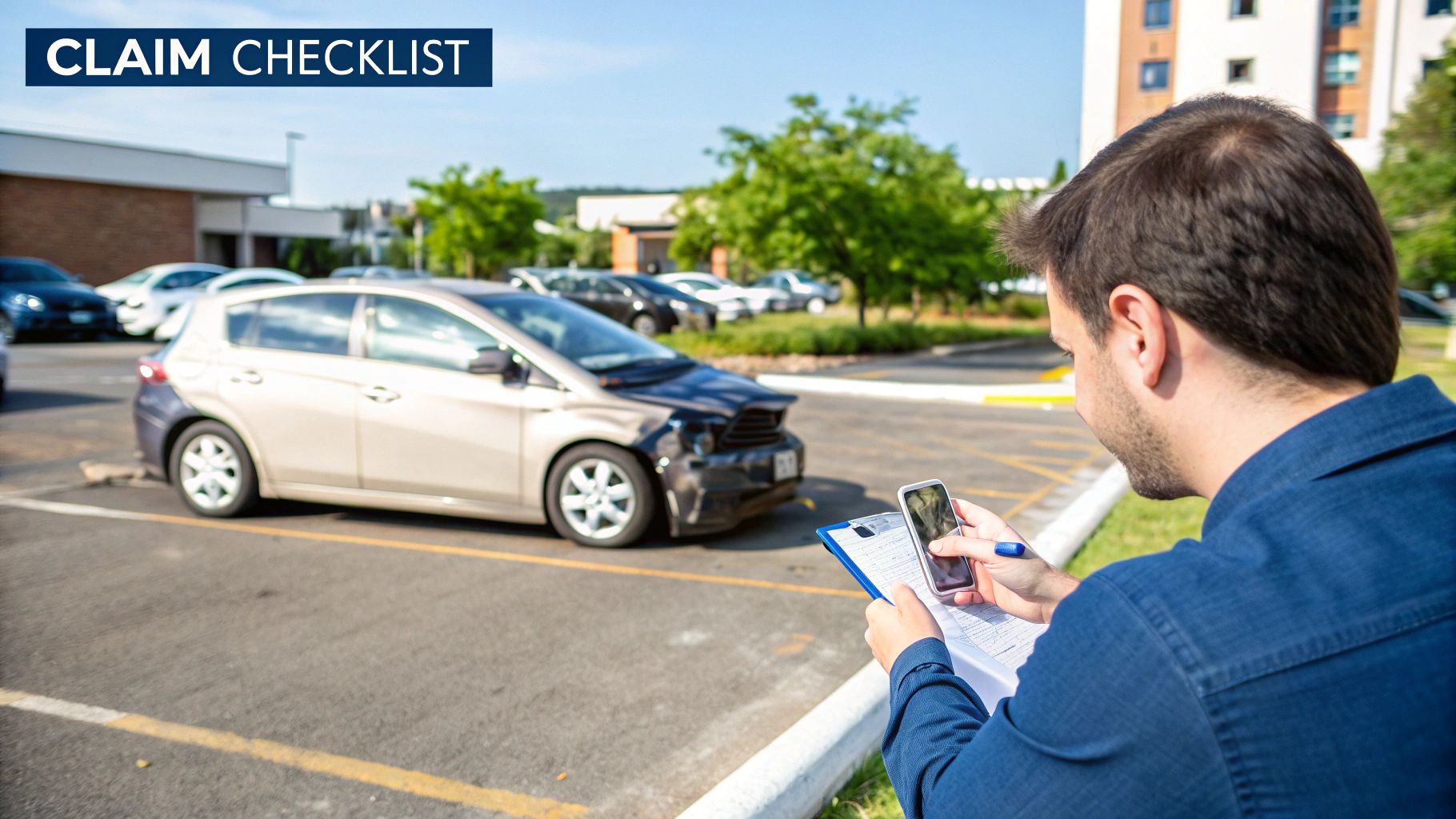 Man documenting a damaged car after an accident, using a phone and claim checklist.