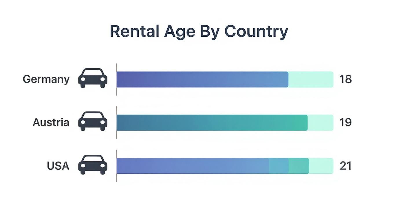 Bar chart displaying the minimum car rental age in Germany (18), Austria (19), and USA (21).