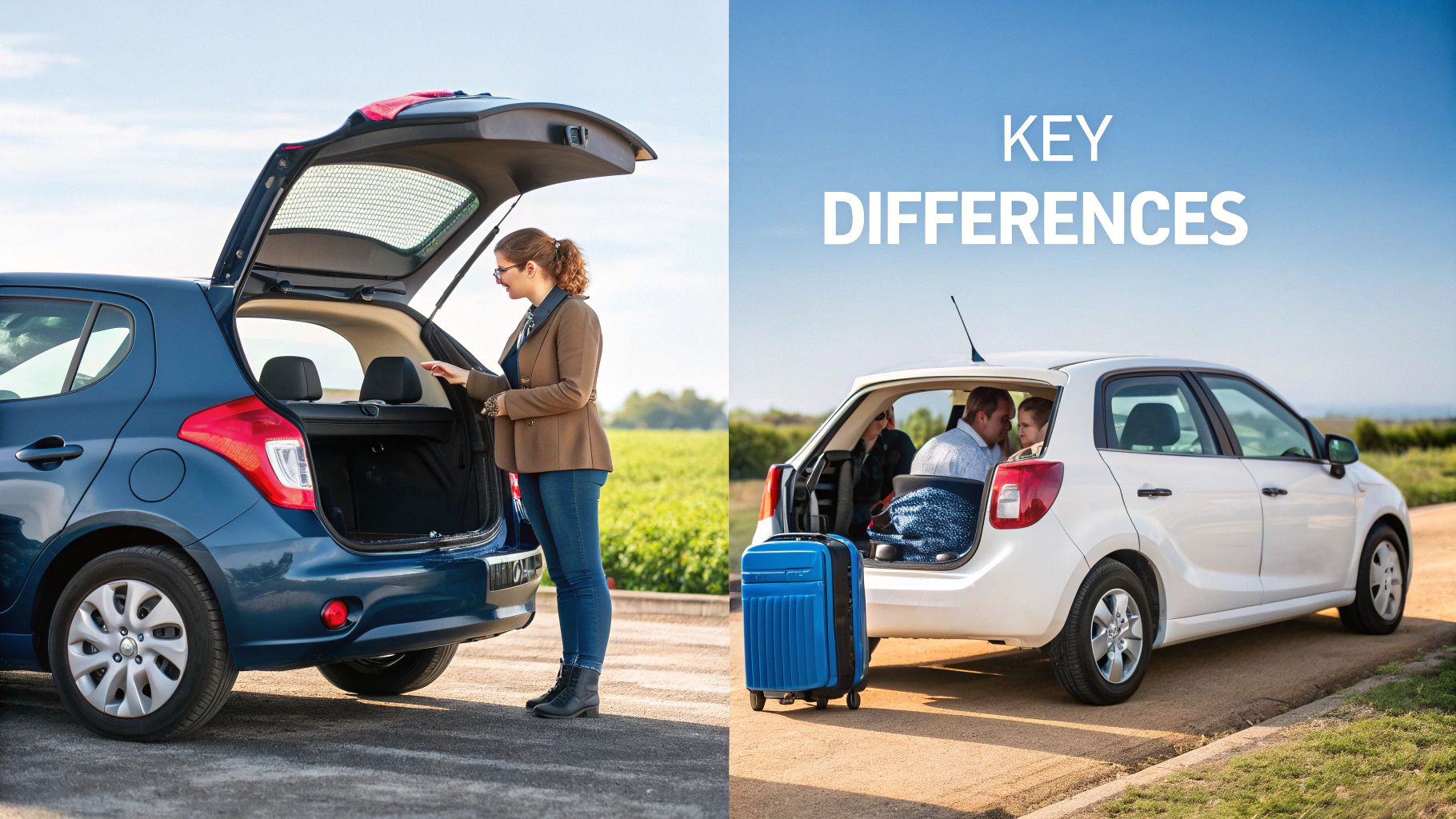 Side-by-side comparison of two small cars showing trunk space and passenger occupancy.