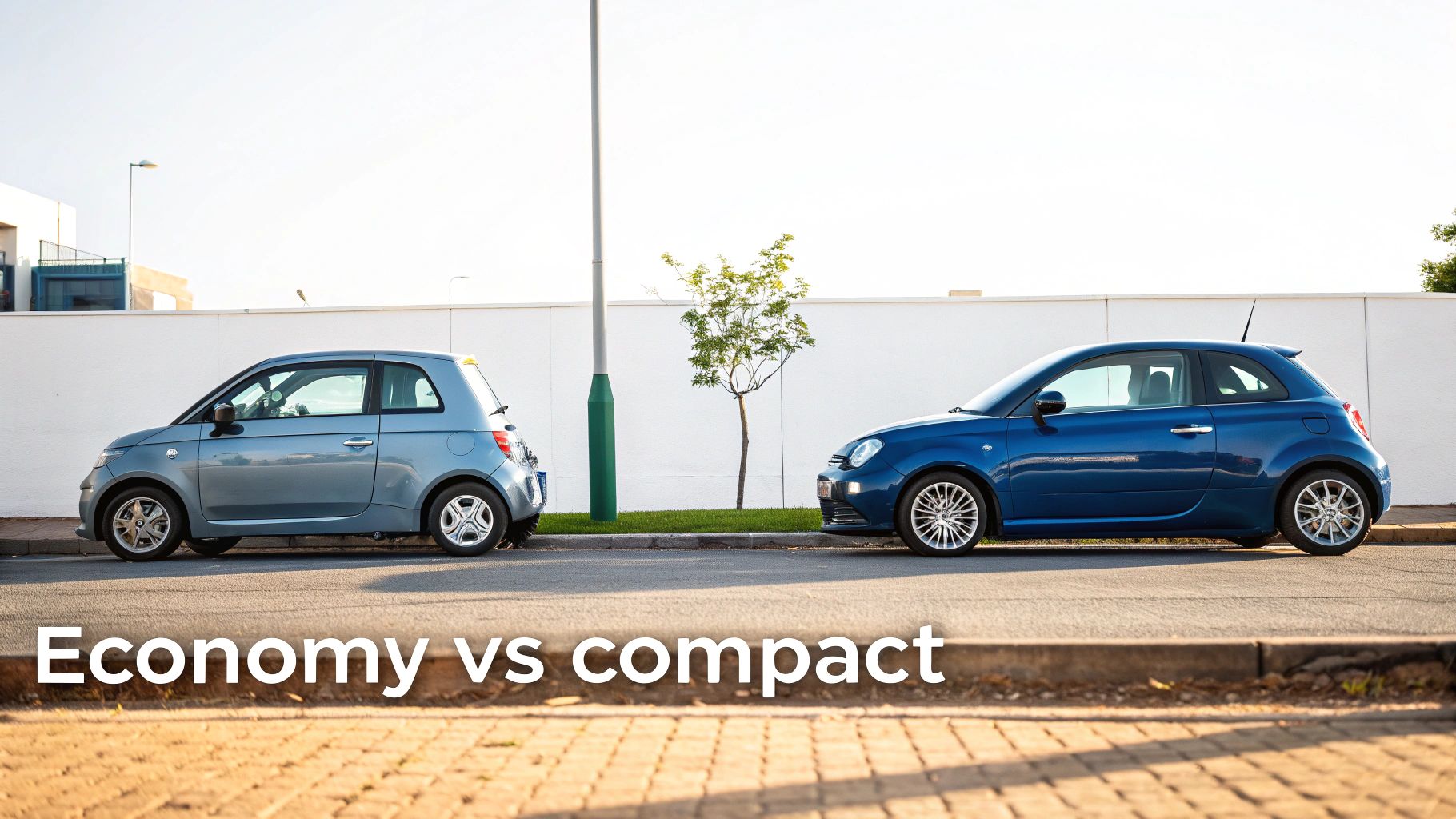 Two small Fiat 500 cars, light blue and dark blue, parked on a street, representing economy vs compact.