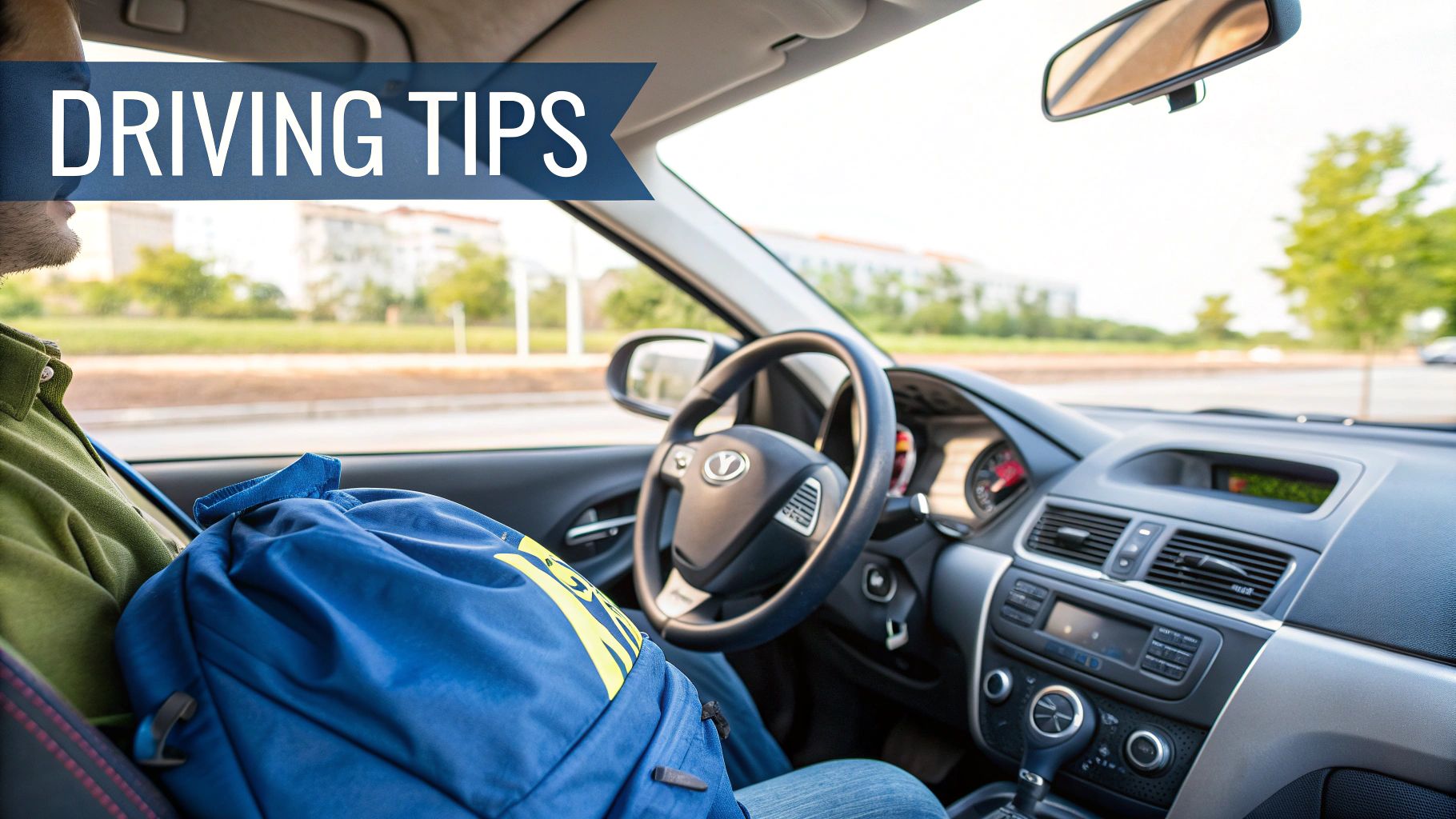 A driver with a blue bag in a car, showing the steering wheel and dashboard with a 'DRIVING TIPS' banner.