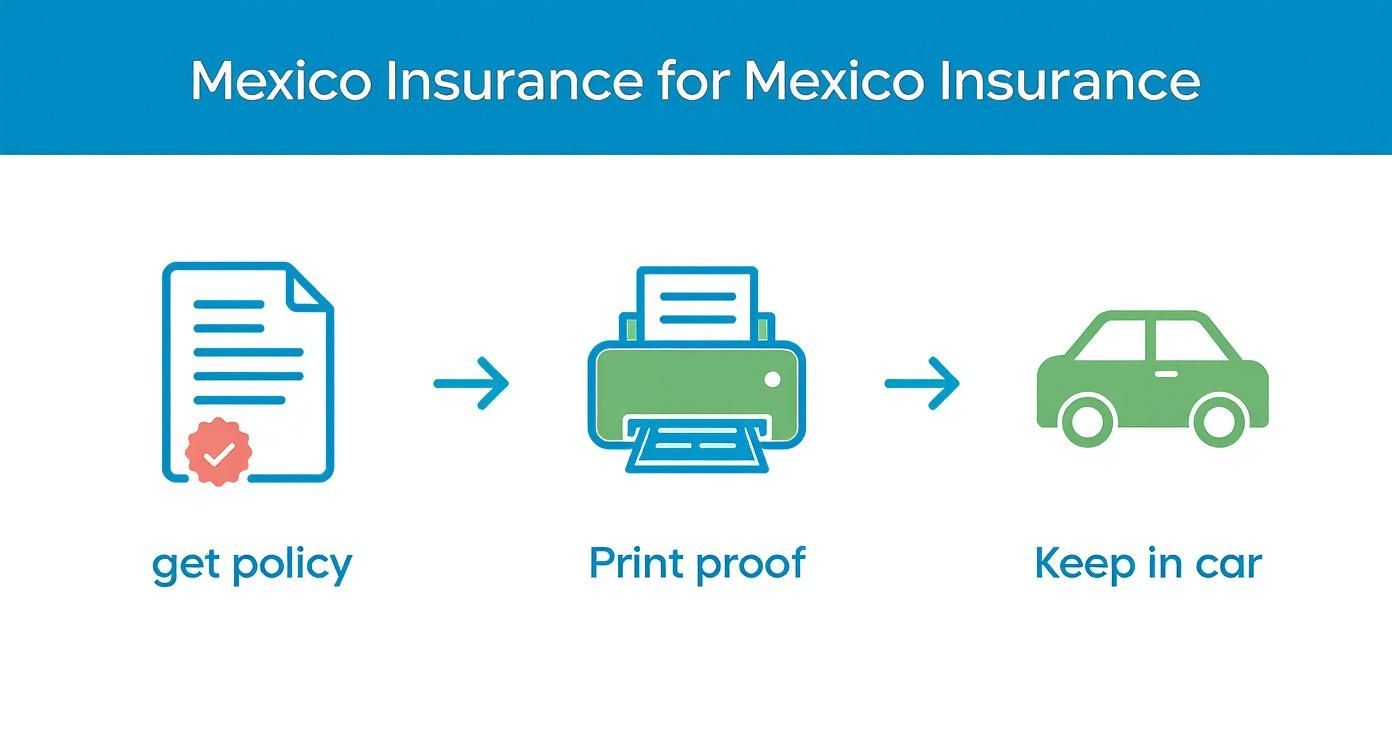 Infographic showing the process for Mexican car insurance: Get Policy, Print Proof, and Keep in Car.