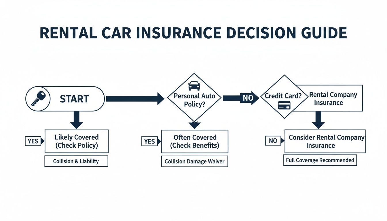 Flowchart guiding decisions on rental car insurance based on personal auto policy and credit card coverage.