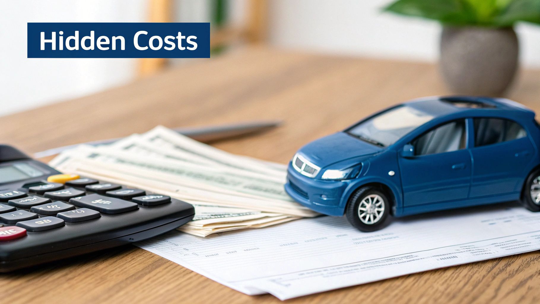 A blue toy car, calculator, and money on a desk, illustrating the hidden costs of car ownership.