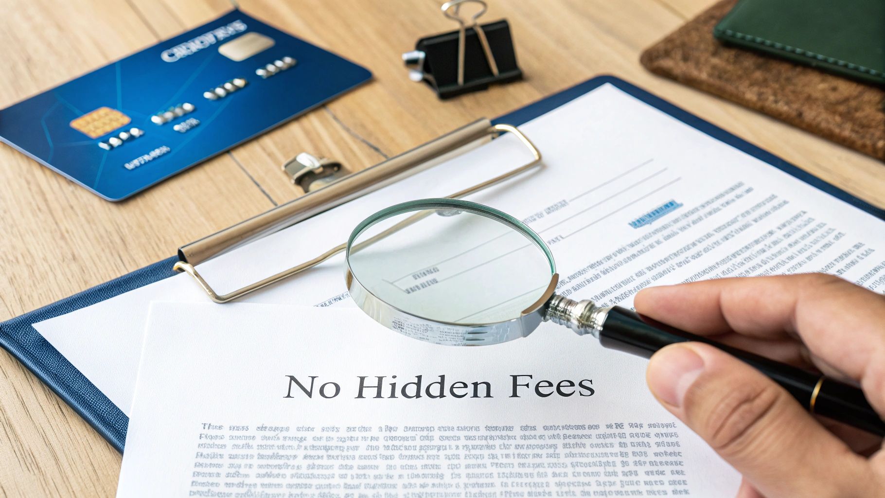 A hand with a magnifying glass examines a document stating 'No Hidden Fees' on a desk with a credit card.
