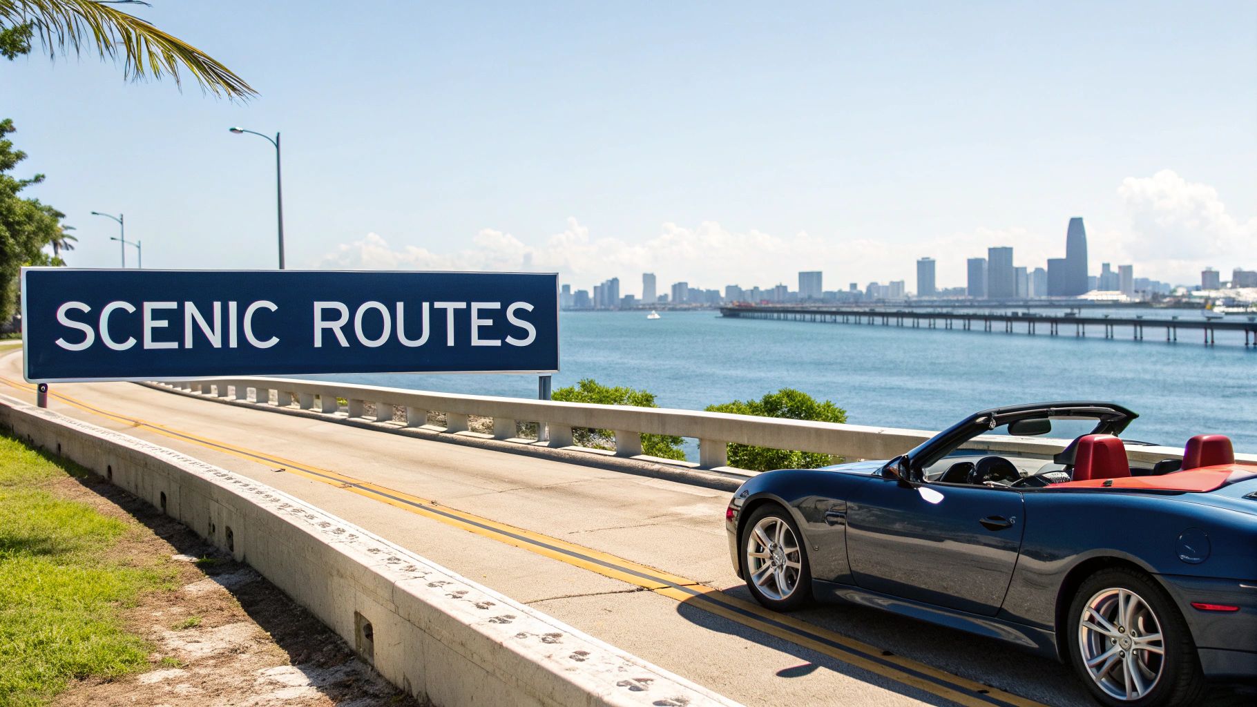 Blue convertible sports car driving along Miami scenic coastal route with city skyline views