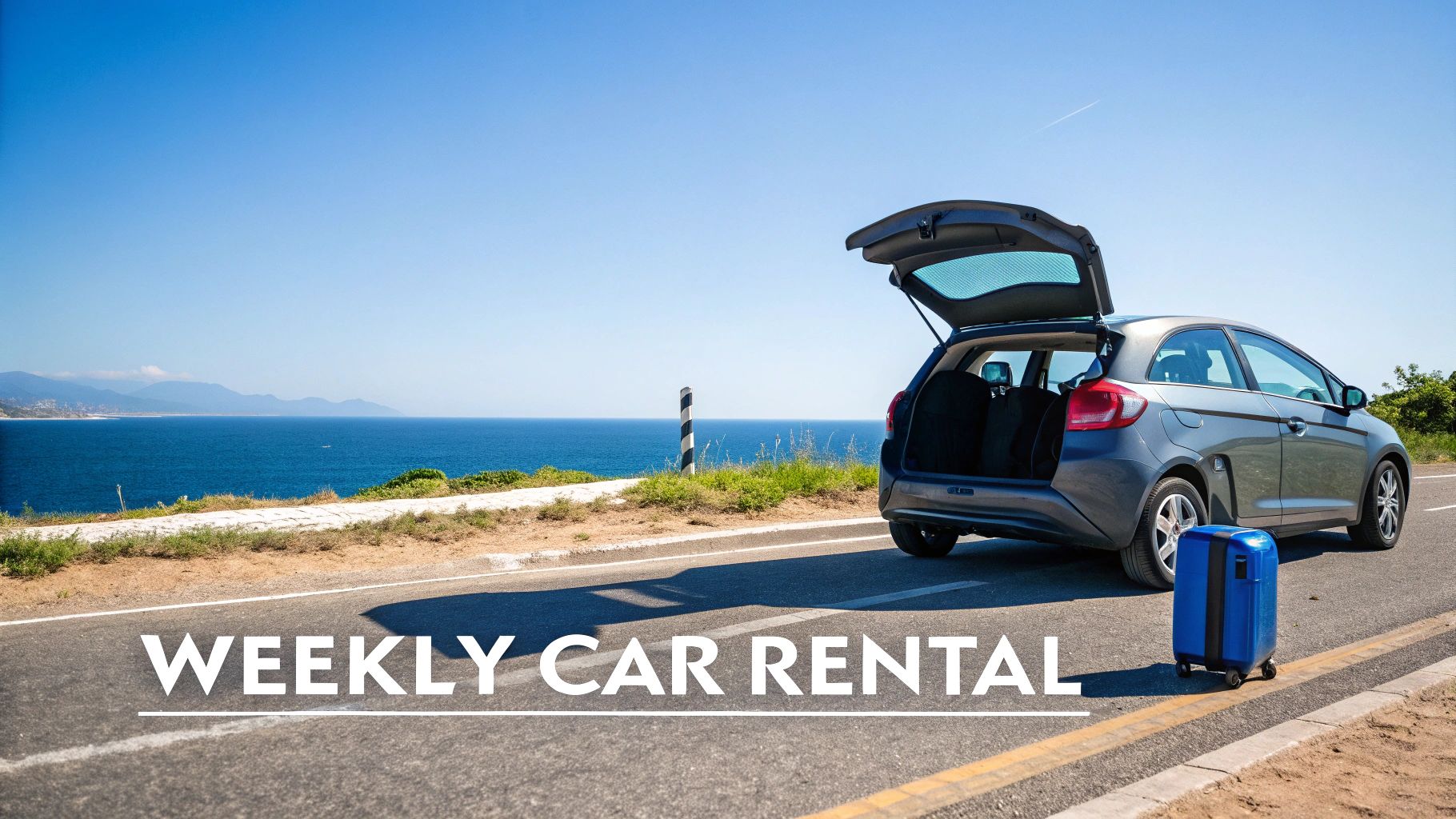 A grey car with its trunk open, parked on a coastal road next to a blue suitcase, overlooking the ocean.