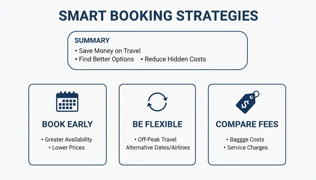 Infographic illustrating smart travel booking strategies, including booking early, being flexible, and comparing fees to save money.