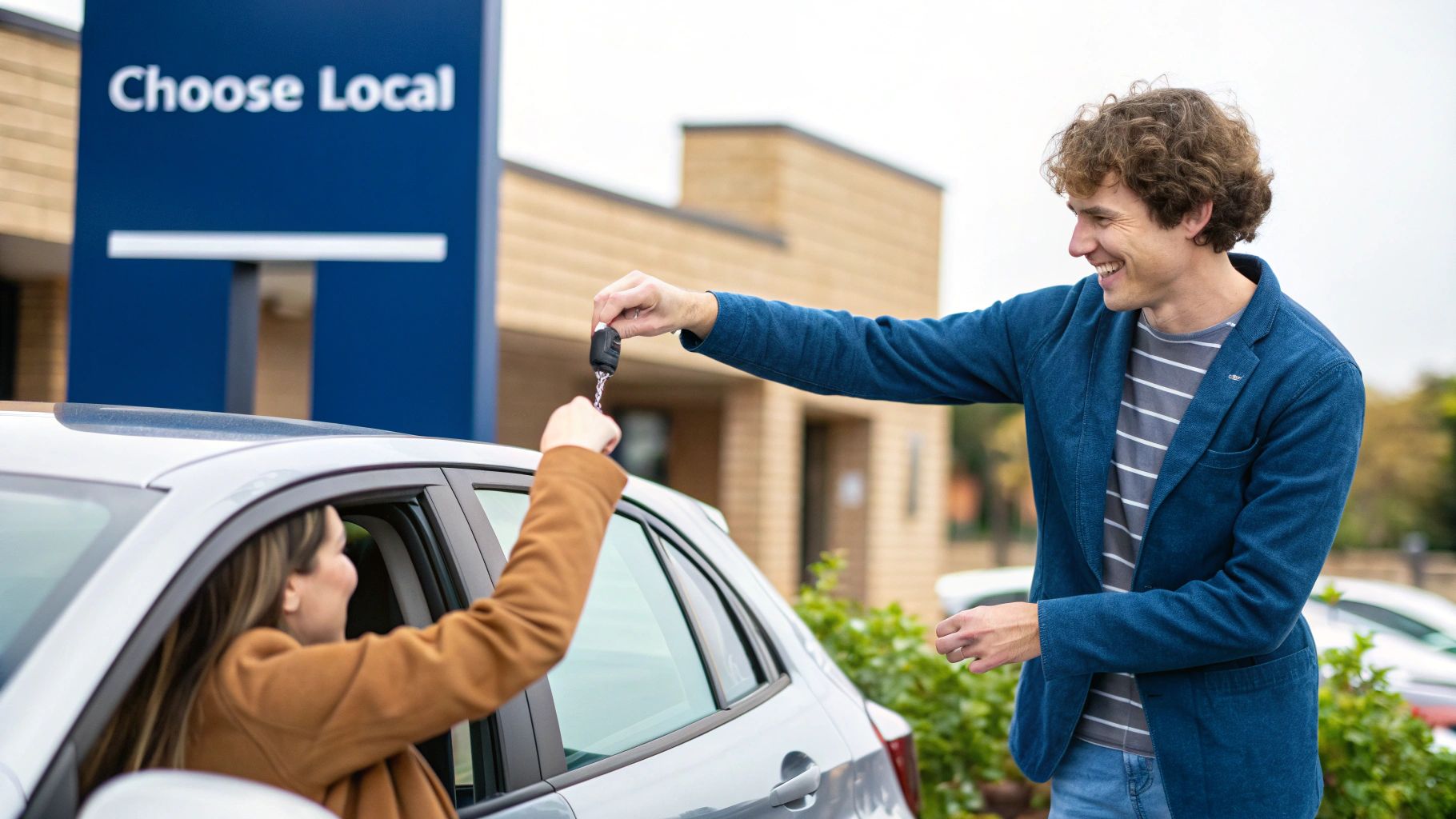 A smiling man hands car keys to a woman in a silver car, with a 'Choose Local' sign behind them.